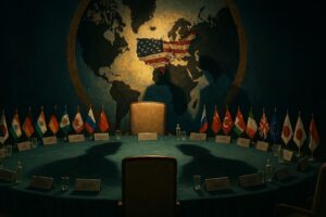A dark room at the G20 with two hovering powers overseeing it's missing player